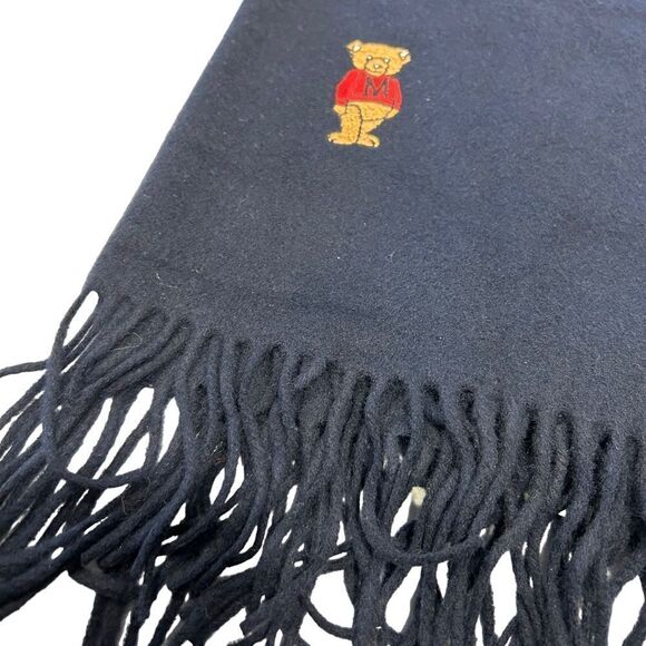 Moschino Vintage Lambswool Navy Fringe Scarf with Teddy Bear Emblem - Picture 7 of 10